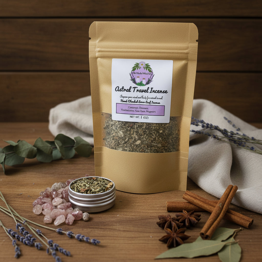 A stand-up kraft paper pouch labeled 'Astral Travel Incense' with a clear window showing dried herbs inside, A small open silver tin filled with the incense is placed in front, along with scattered pink crystal stones.