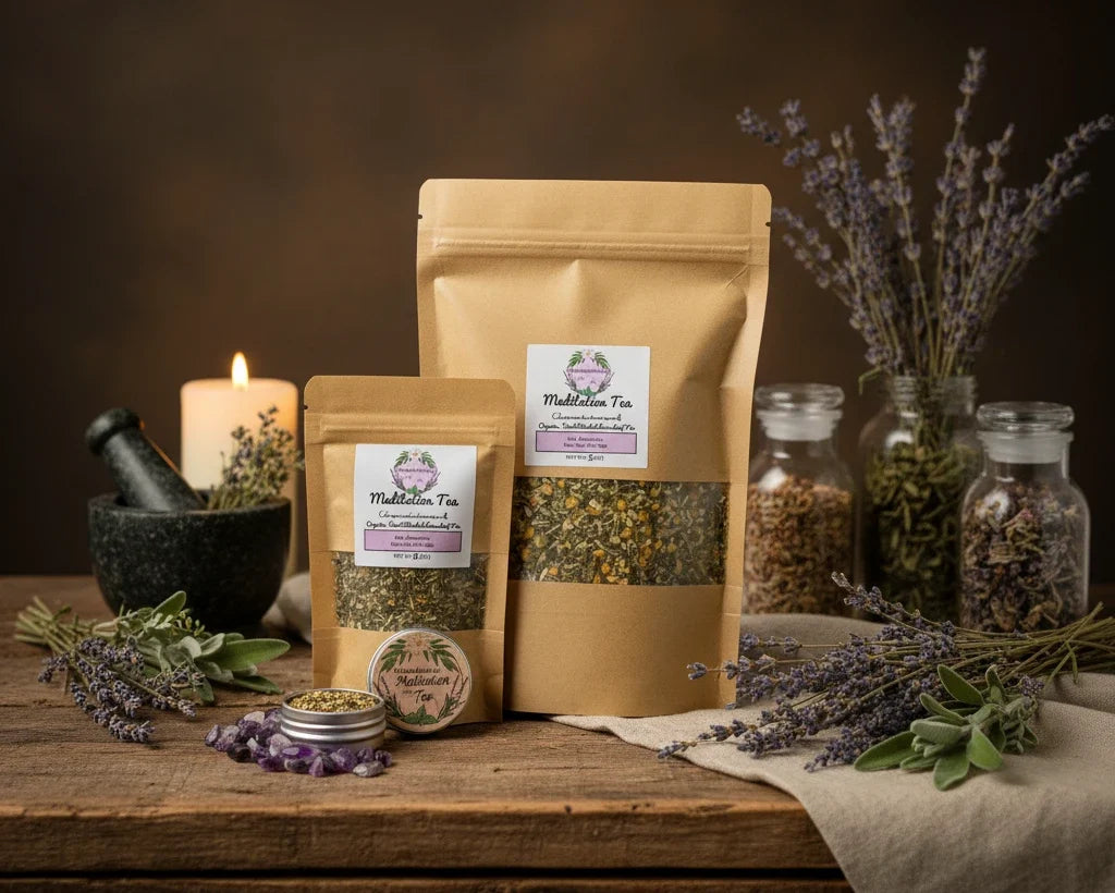 Two stand-up pouches of Meditation Tea are arranged on a light wood surface with purple crystal stones in front. 