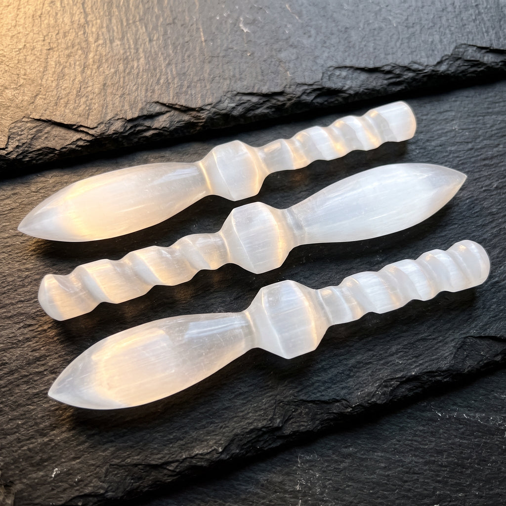 Selenite Satin Spar Crystal Decorative Knife Sword Dagger Spiral (7-8 Inches) Carving