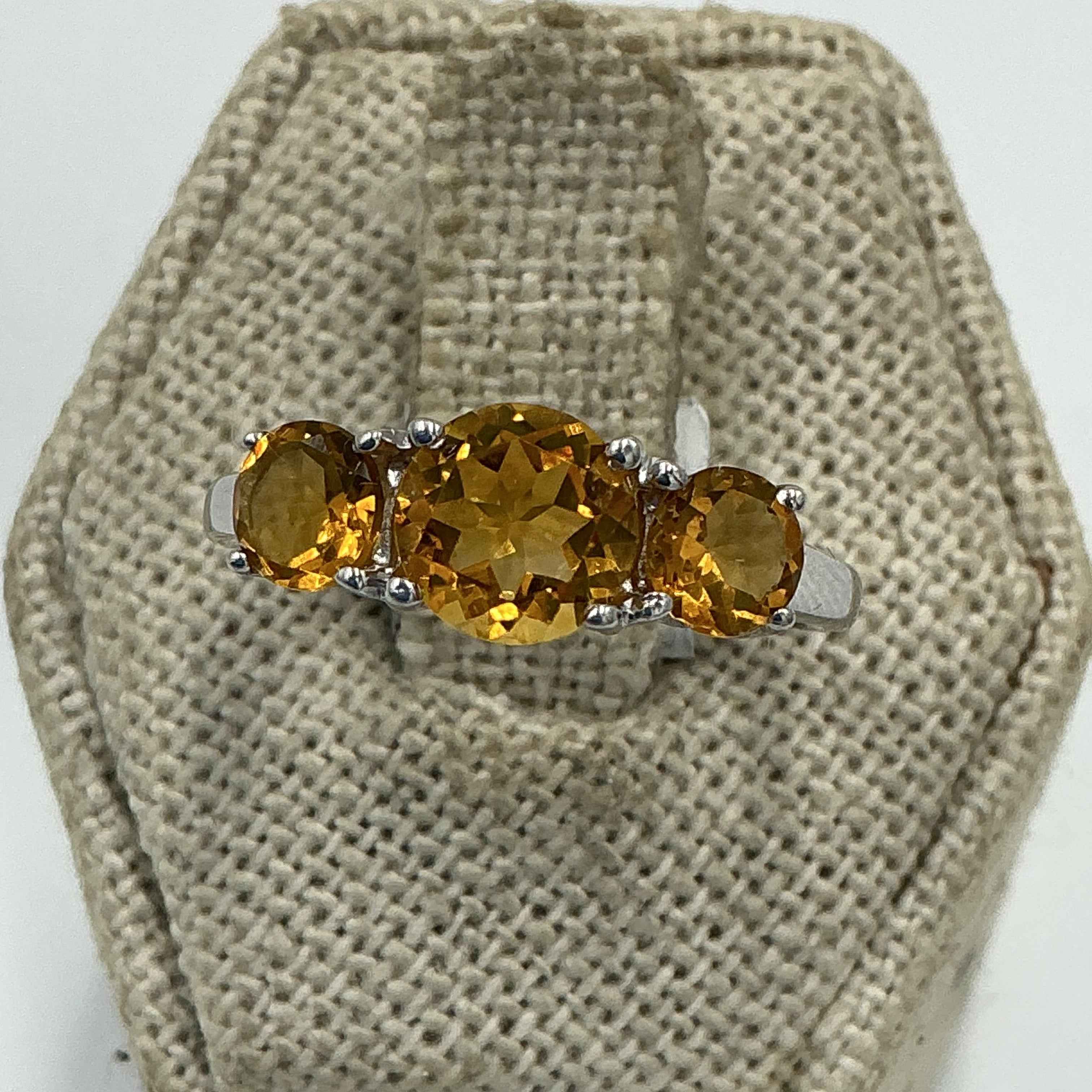 Sterling Silver Three Stone Citrine Ring – Size 8 – Abundance, Joy & Manifestation