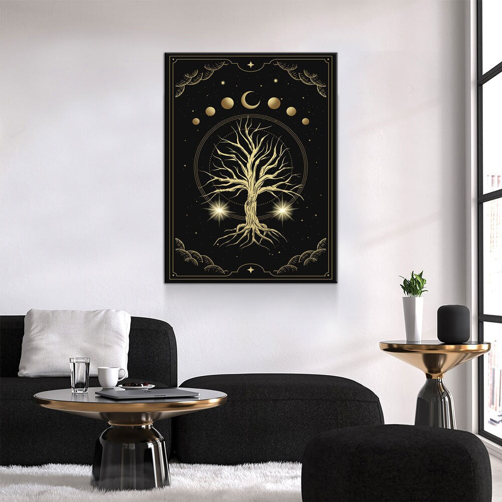 Magical Sacred Tree Canvas Wall Art, Moon Phase Art, Celestial, Esoteric, Boho Style Art, Astrology, Tarot Reader Canvas