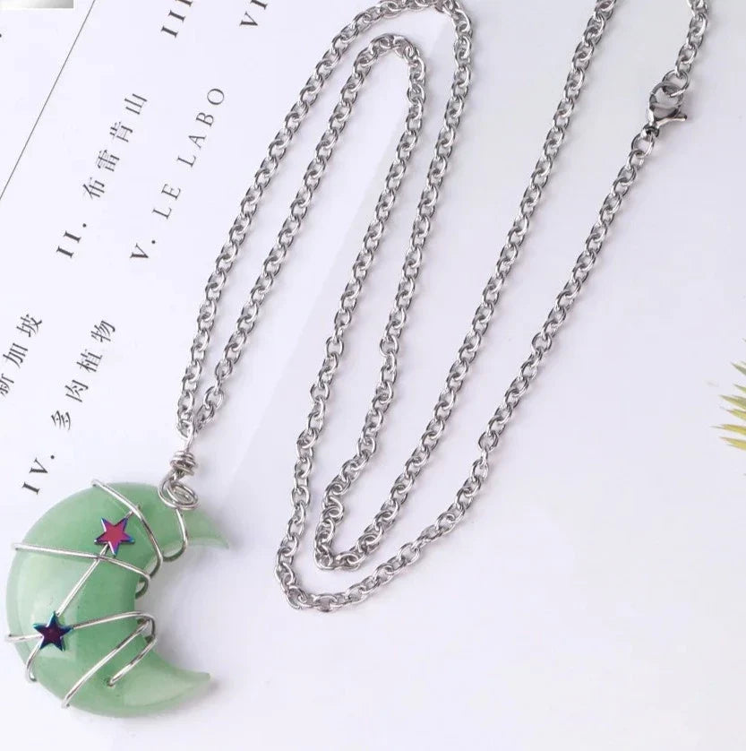 Crystal Crescent Moon and Star Silver Necklace