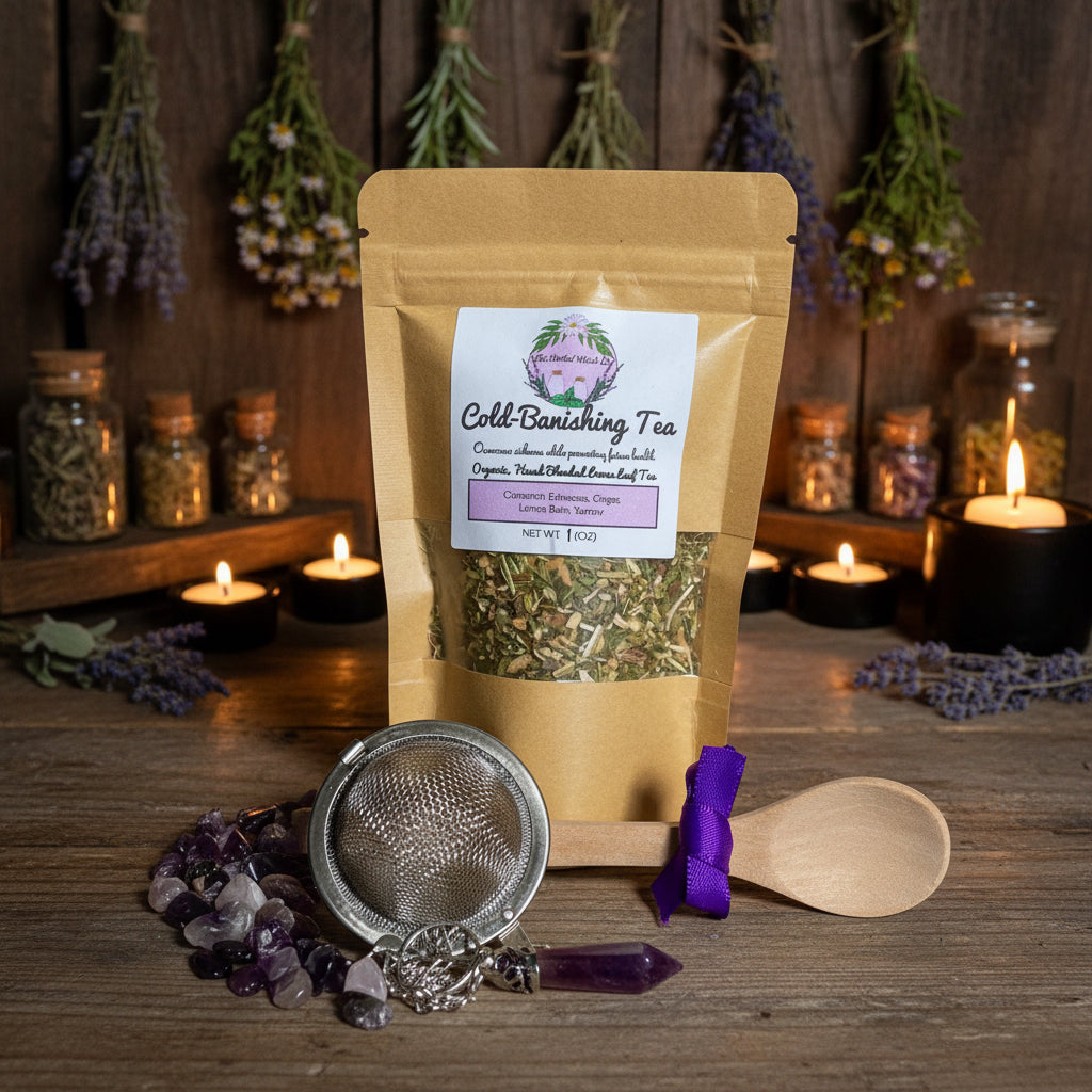 A kraft paper pouch of Cold & Flu Tea , displayed on a light wood surface with a small metal strainer, amethyst, a wooden spoon, and a purple ribbon
