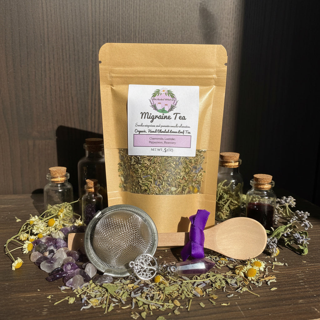 A kraft paper pouch labeled 'Migraine Tea' stands on a wood surface with a small metal tea strainer, purple crystal beads, a wooden spoon, and a purple ribbon in front of it. 