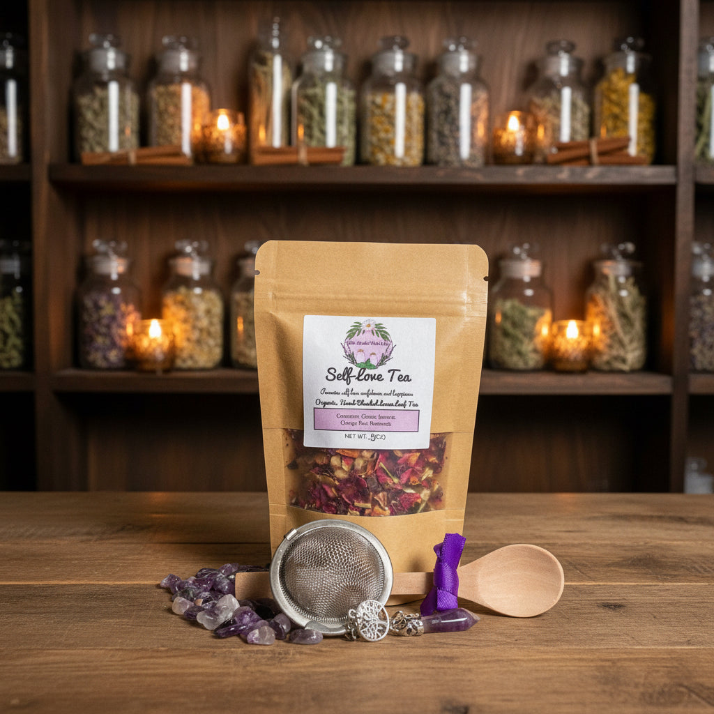 A kraft paper stand-up pouch labeled 'Self Love Tea' displayed on a light wood surface with a metal tea strainer, purple crystals, a wooden spoon, and a purple tea infuser. 