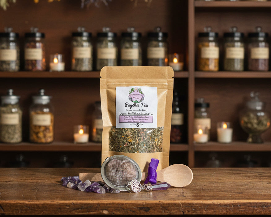 A kraft paper stand-up pouch stands on a light wood surface with a small metal tea strainer, wooden spoon, purple ribbon, and purple crystal stones arranged in front. 