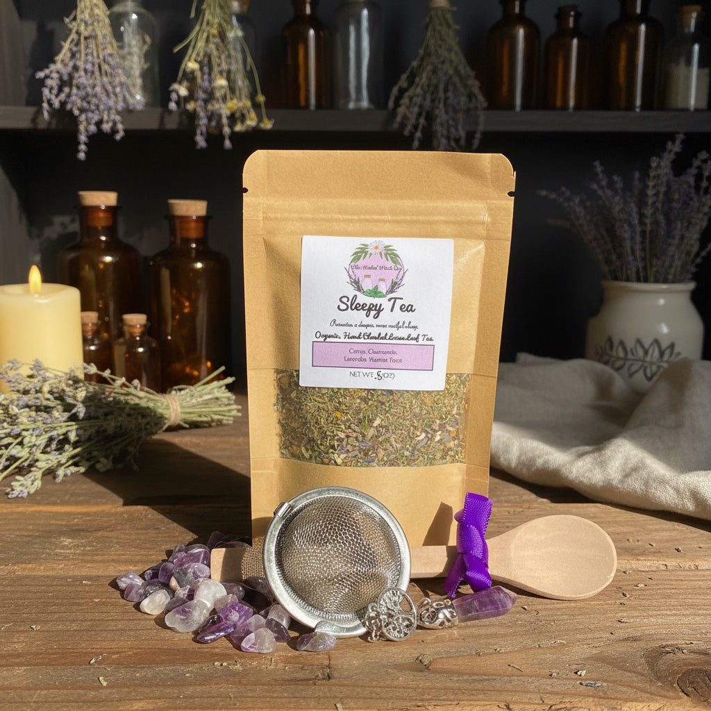 A stand-up kraft pouch labeled 'Sleepy Tea' with a clear window showing loose herbal tea inside, styled on a light wood surface with a metal tea strainer, purple crystal stones, a wooden spoon, and a purple ribbon.