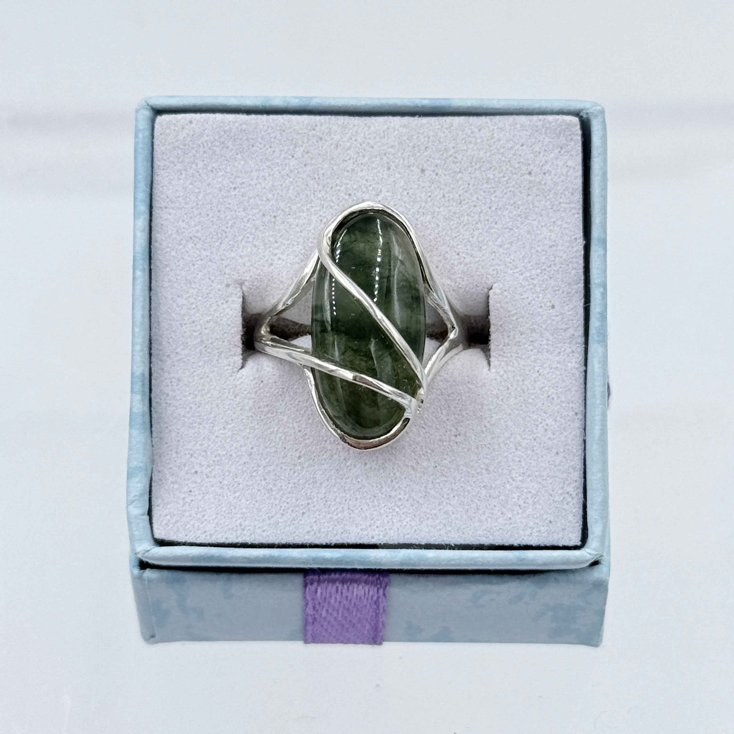 Sterling Silver Flowy Wrapped Moss Agate Ring - Size 6 - Grounding, Nurturing & Growth