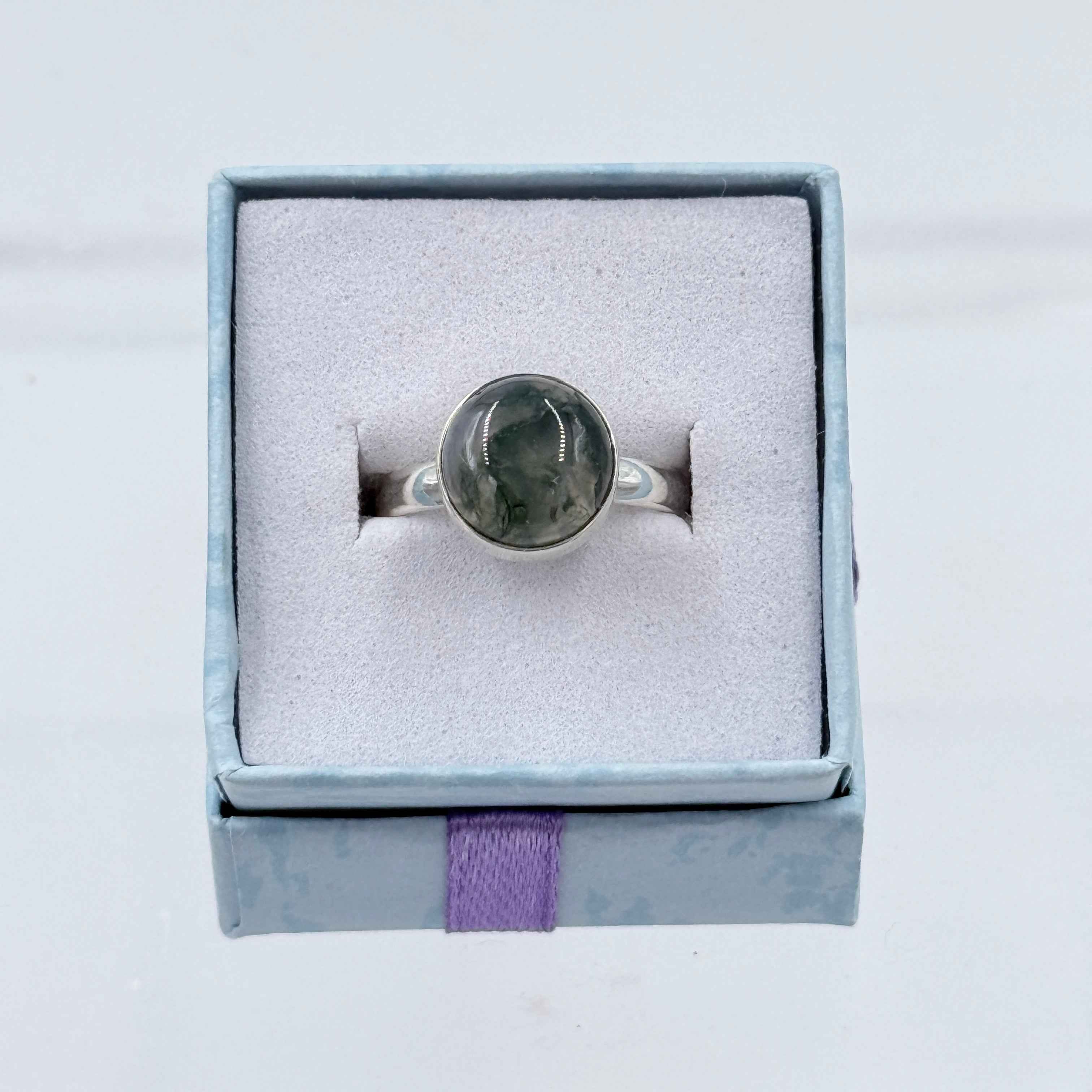 Sterling Silver Round Moss Agate Ring - Size 7 - Grounding, Nurturing & Growth