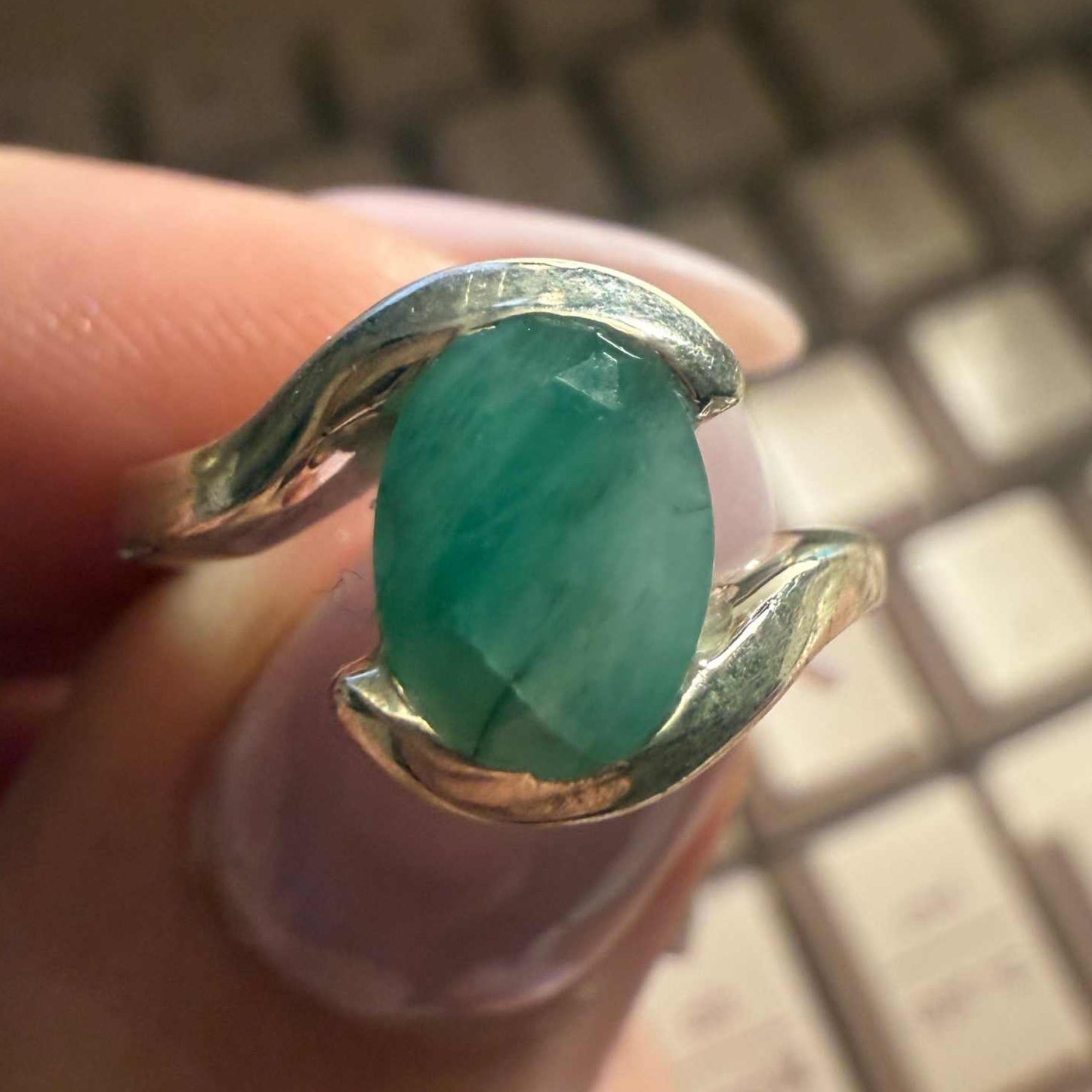 Emerald Ring Size 5 – Natural Oval Emerald in Swirl Sterling Silver