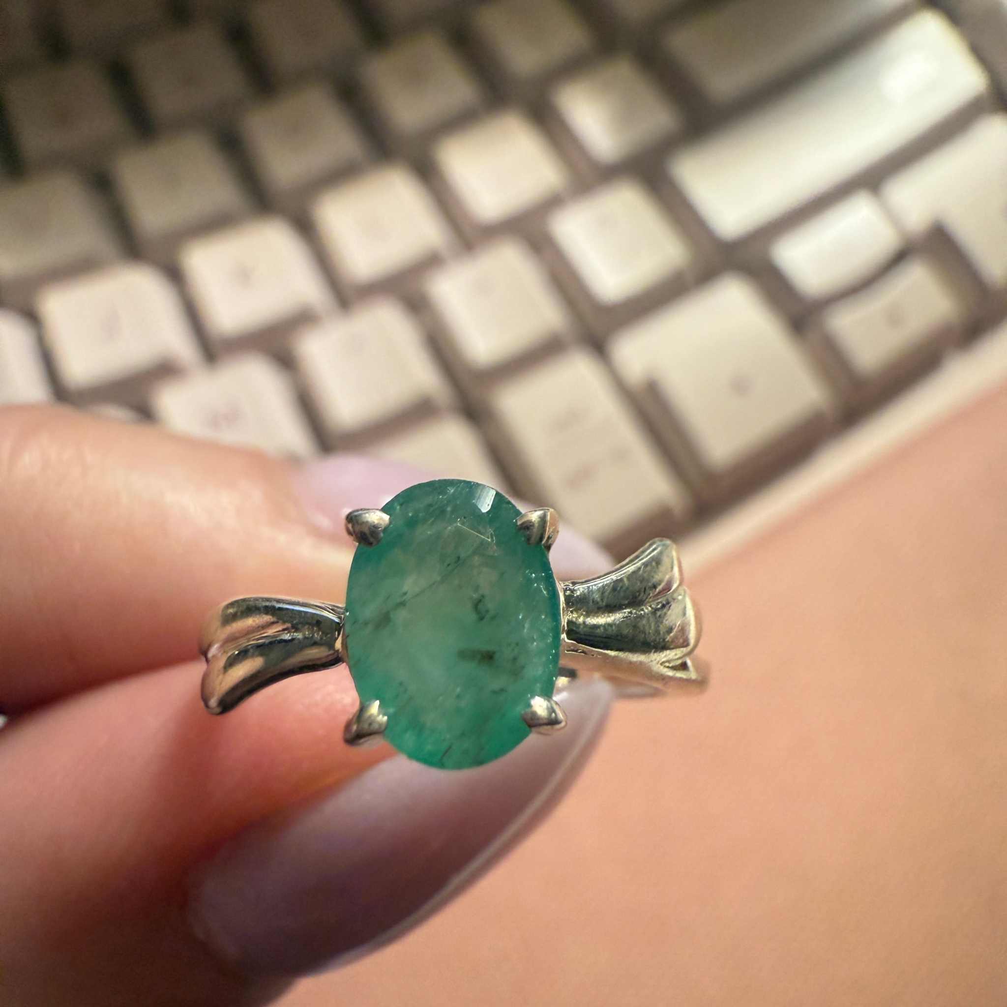Emerald Ring Size 5 – Oval Emerald with Flowing Sterling Silver Bow Band