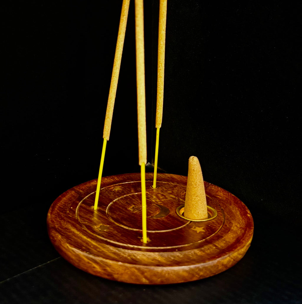 Handcrafted Moon & Stars Incense Burner | Round Wood Cone & Stick Holder from India