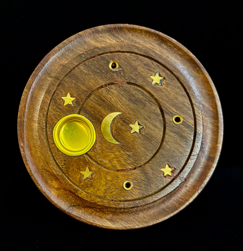 Handcrafted Moon & Stars Incense Burner | Round Wood Cone & Stick Holder from India