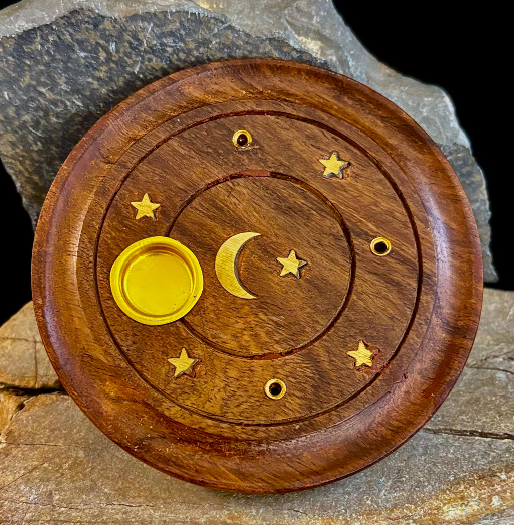 Handcrafted Moon & Stars Incense Burner | Round Wood Cone & Stick Holder from India