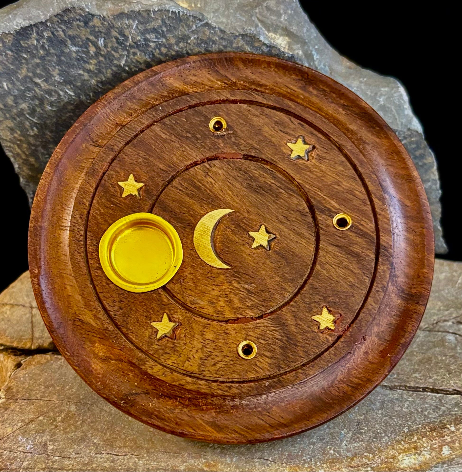 Handcrafted Moon & Stars Incense Burner | Round Wood Cone & Stick Holder from India