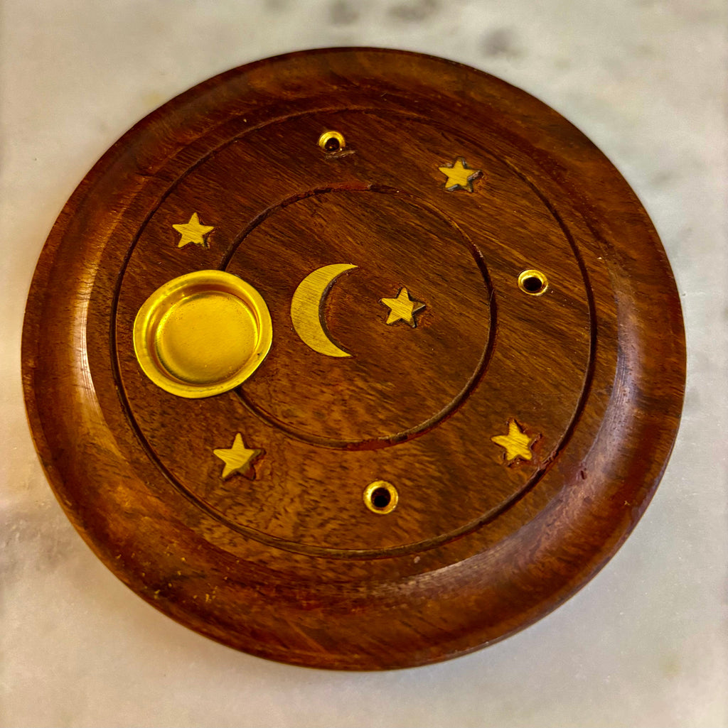 Handcrafted Moon & Stars Incense Burner | Round Wood Cone & Stick Holder from India