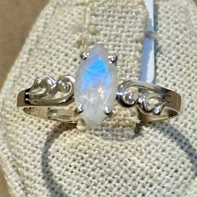 Rainbow Moonstone Marquise-Scrollwork Ring – Sterling Silver – Size 14