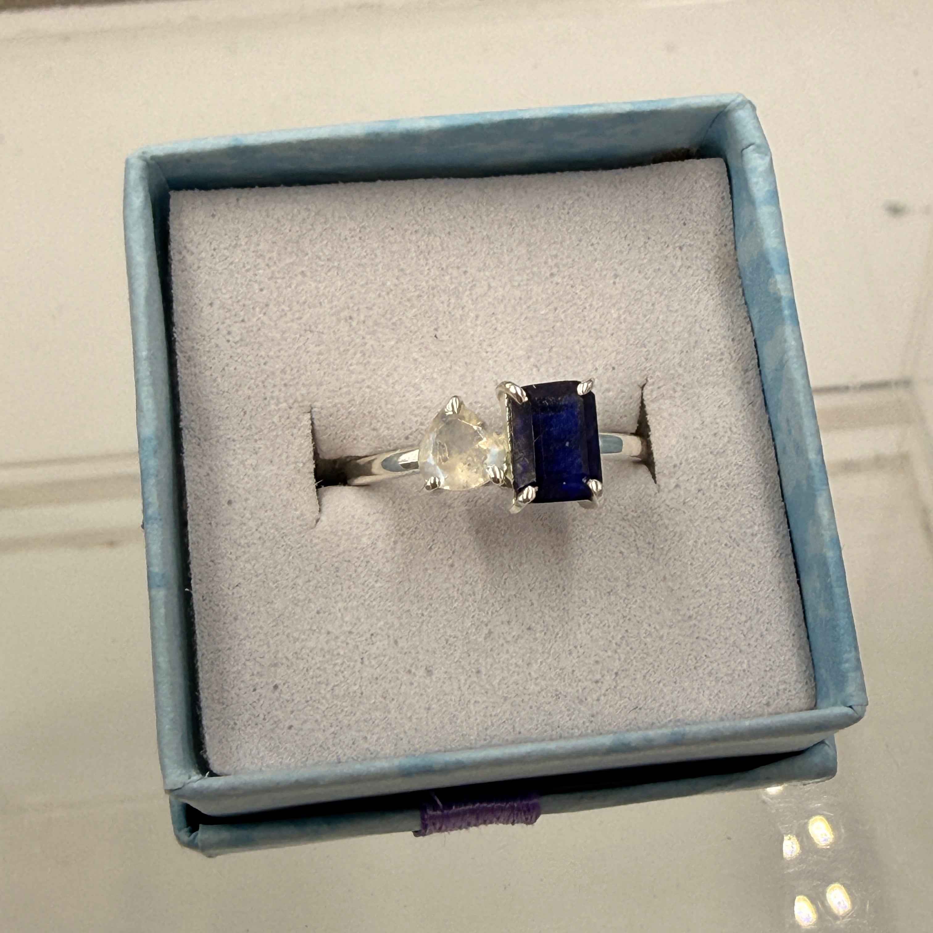 Sterling Silver Moonstone & Sapphire Ring - Size 6 - Intuitive, Calming & Protective