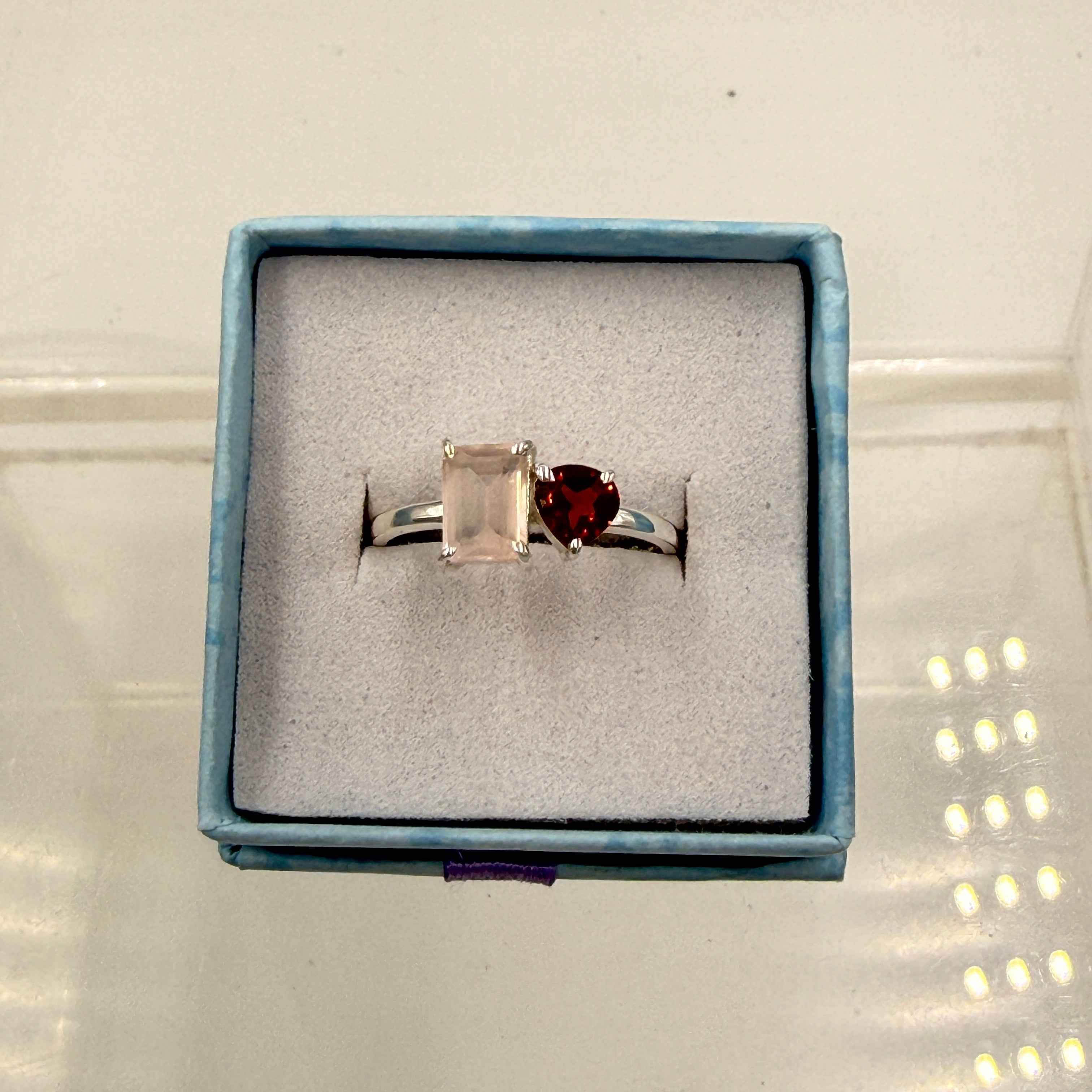 Sterling Silver Garnet & Rose Quartz  Ring - Size 7 - Loving, Passionate & Healing