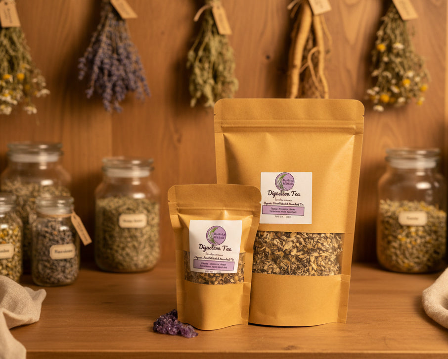Stand up pouches with loose leaf tea sit on a shelf of an apothecary