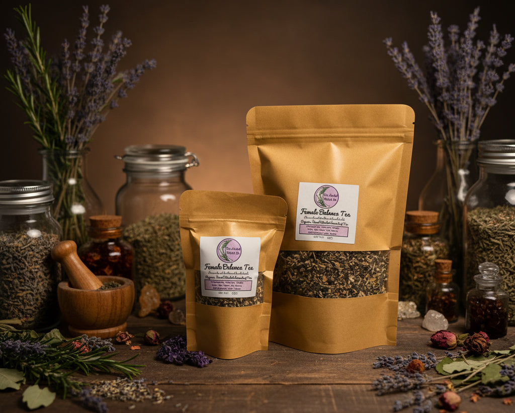 Two stand-up pouches displayed on a dark wooden table with a small purple flower in front.