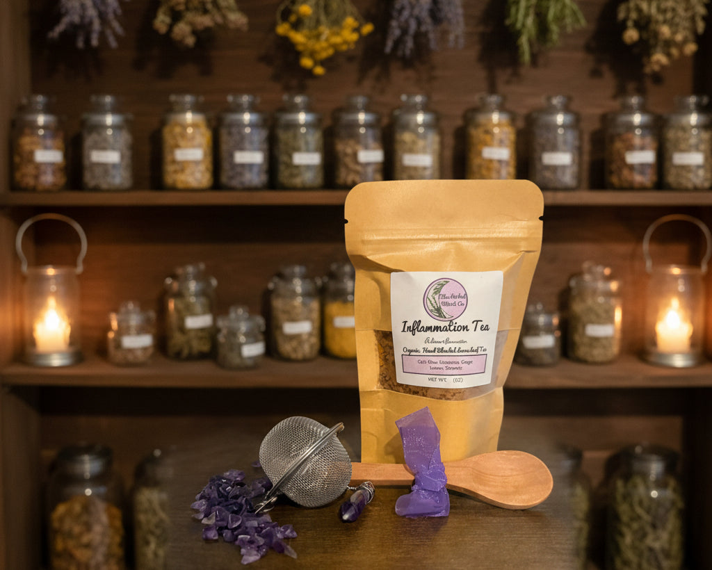 A stand-up kraft pouch labeled 'Inflammation Tea' sits on a dark wooden table, with a small metal strainer, wooden spoon, purple crystals