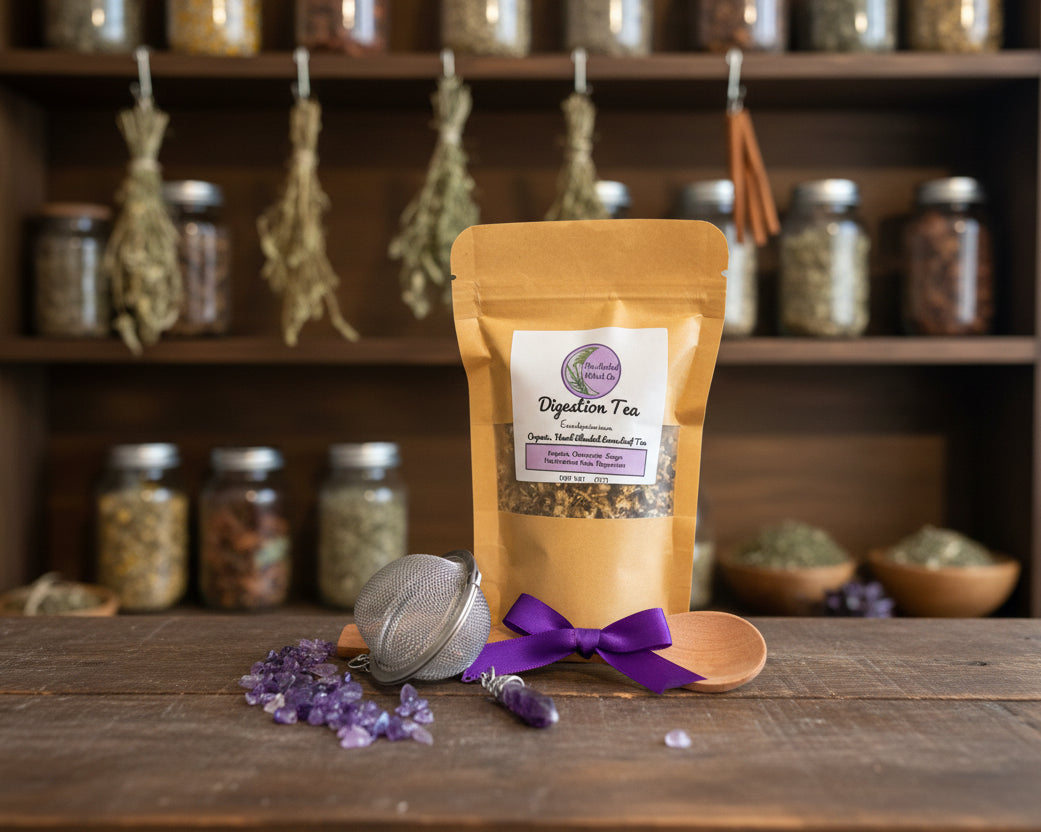 A stand-up pouch of digestion tea sits on a dark wooden table, with a small metal mesh strainer, purple crystals, a wooden spoon, and a purple crystal charm arranged in front. 
