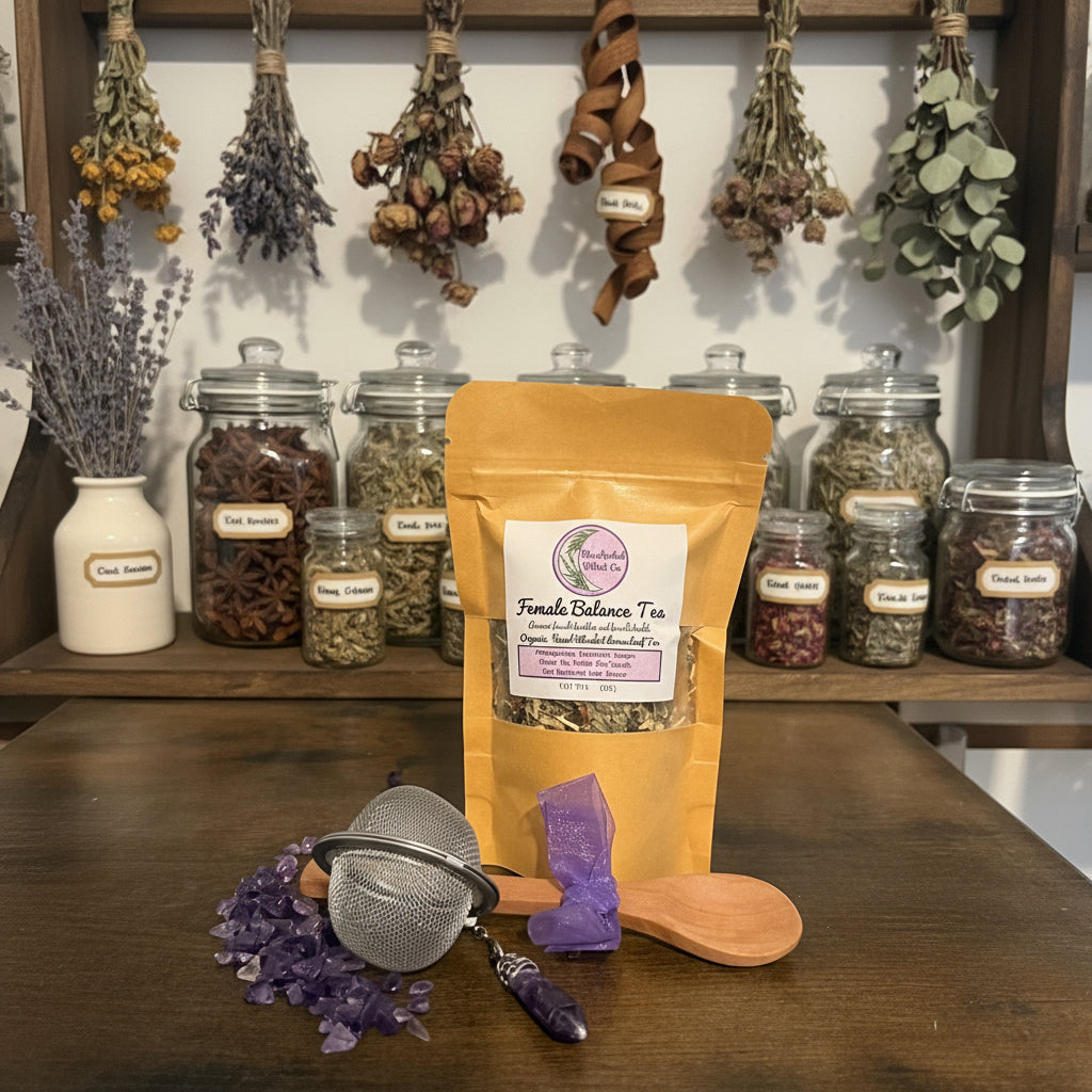 A stand-up pouch of Female Balance Tea sits on a dark wooden table, styled with a small metal tea strainer, purple crystals, a wooden spoon, and a purple sachet. The background shows a neutral wall and a window frame.