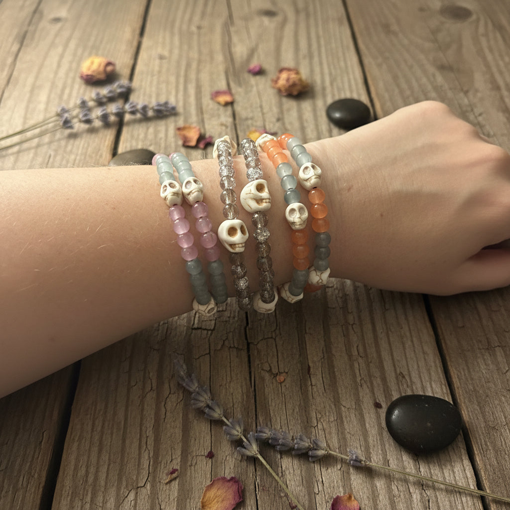 A close-up of a person's wrist wearing  beaded stretch bracelets. The bracelets feature various beads including white skull charms, pink stones, gray beads, orange beads, and glittery silver beads