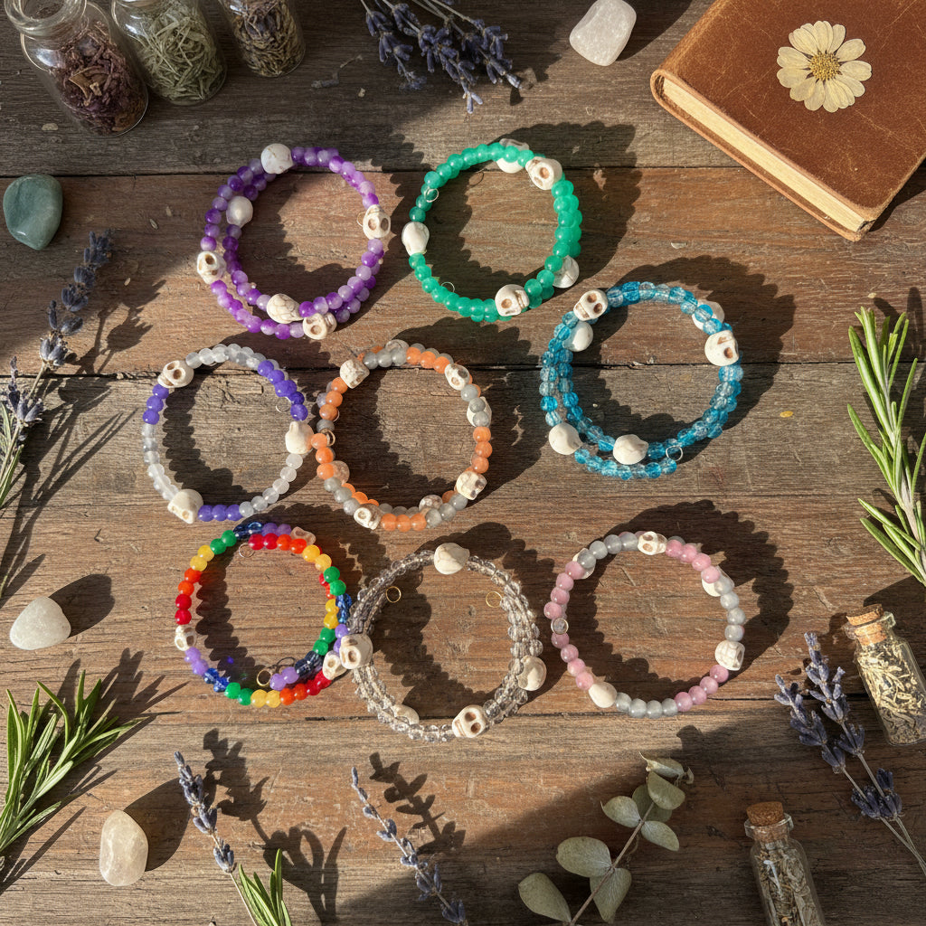 beaded stretch bracelets arranged on a dark surface, featuring various colors and designs including purple, green, orange, blue, rainbow, silver, and pink, with skull and bead details.