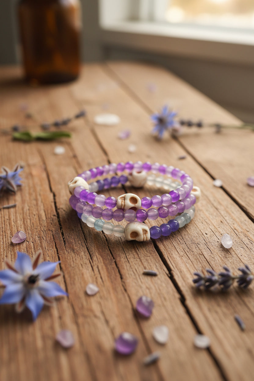 A close-up of a person's wrist and hand wearing three beaded bracelets. The bracelets feature purple beads, white beads, and small skull-shaped beads, shown against a dark background.