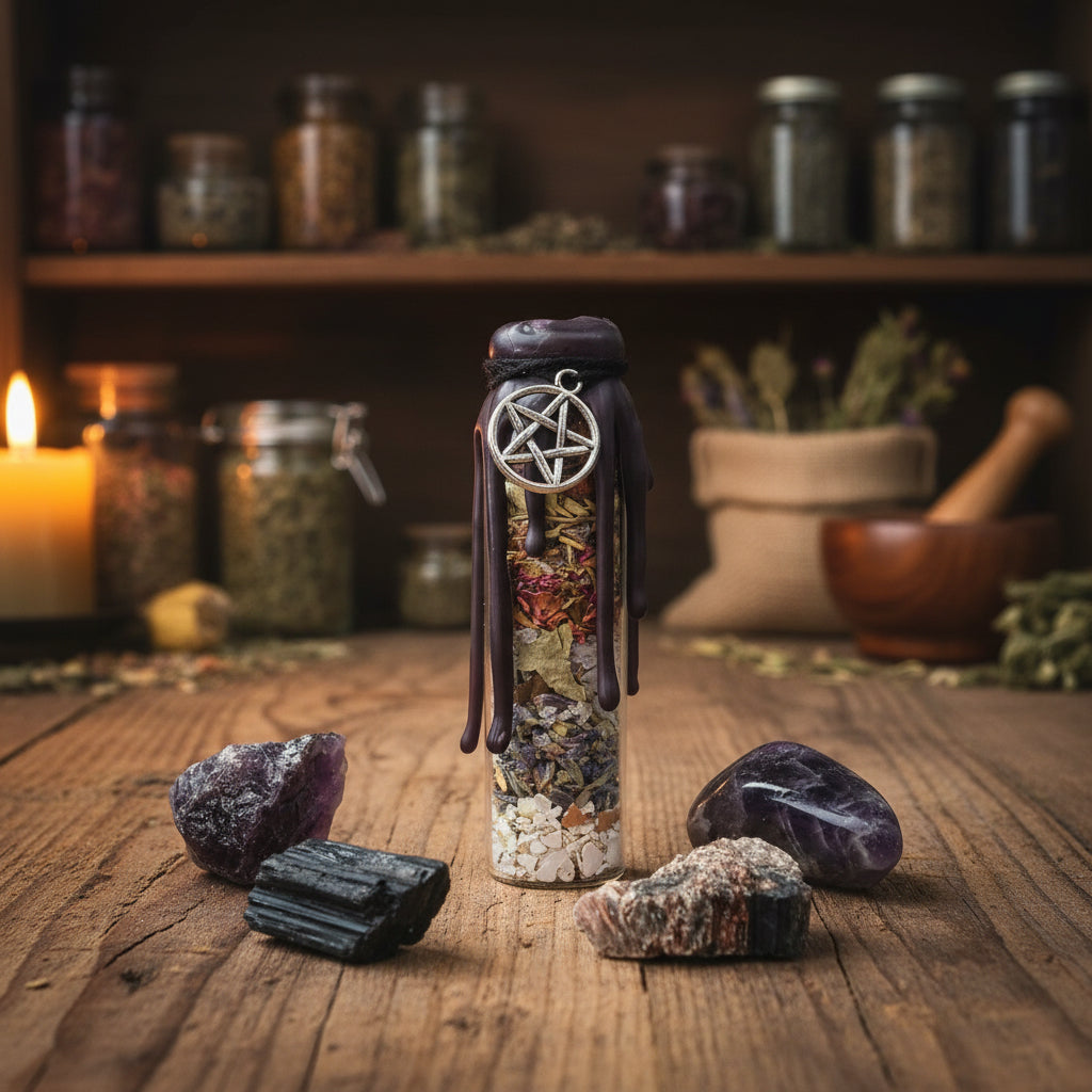 A small glass vial with a black wax seal and silver pentagram pendant, filled with dried herbs and crystals, stands on a tabletop alongside four raw crystals.