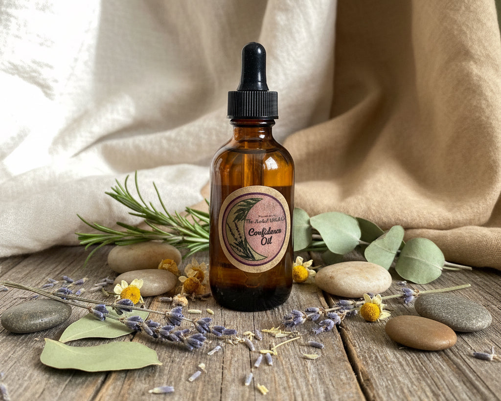 An amber glass dropper bottle of essential oil with a black cap and a round label 