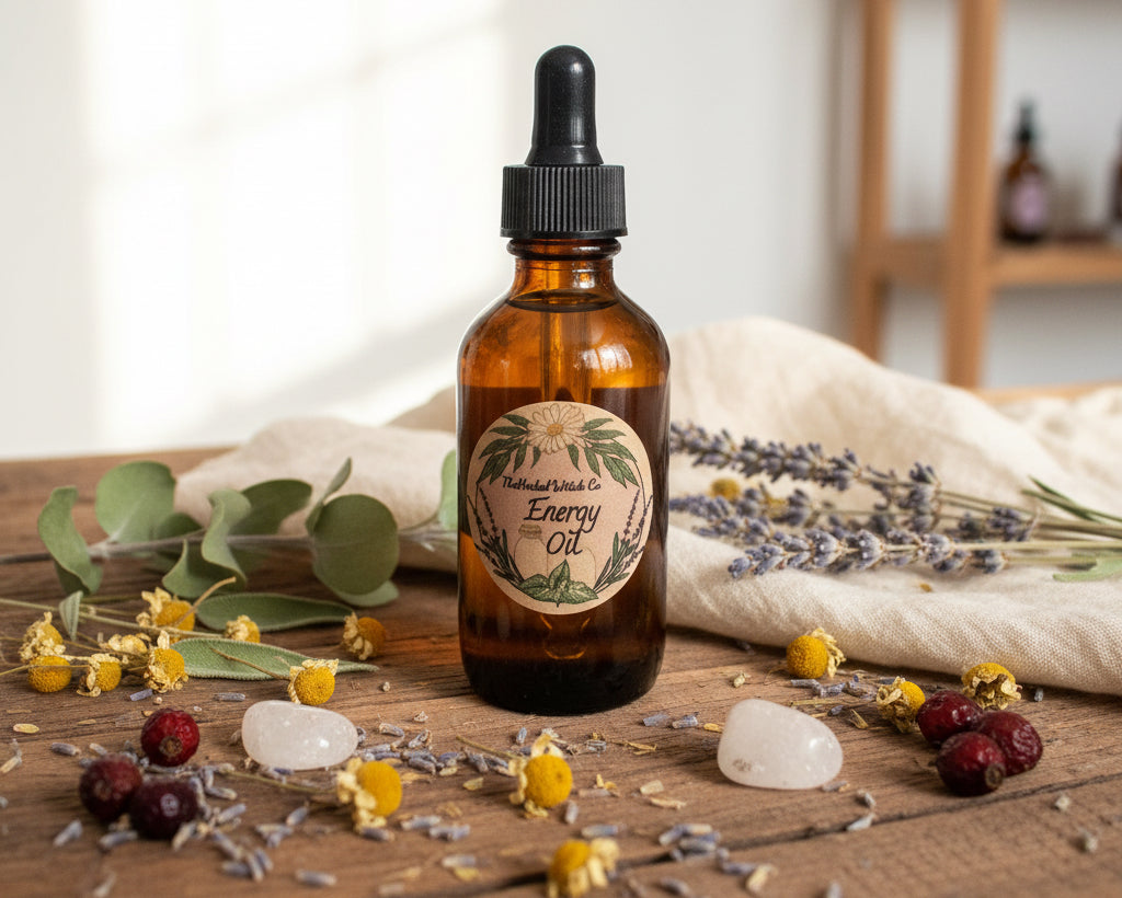 An amber glass dropper bottle of essential oil with a black dropper cap and a round botanical label standing on a countertop 