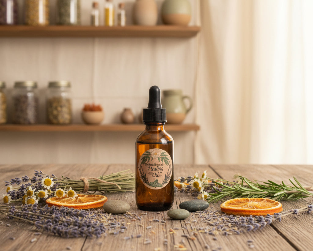 An amber glass dropper bottle of healing oil with a black dropper cap