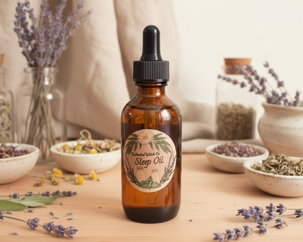 An amber glass dropper bottle of sleep oil with a black cap and a round labe
