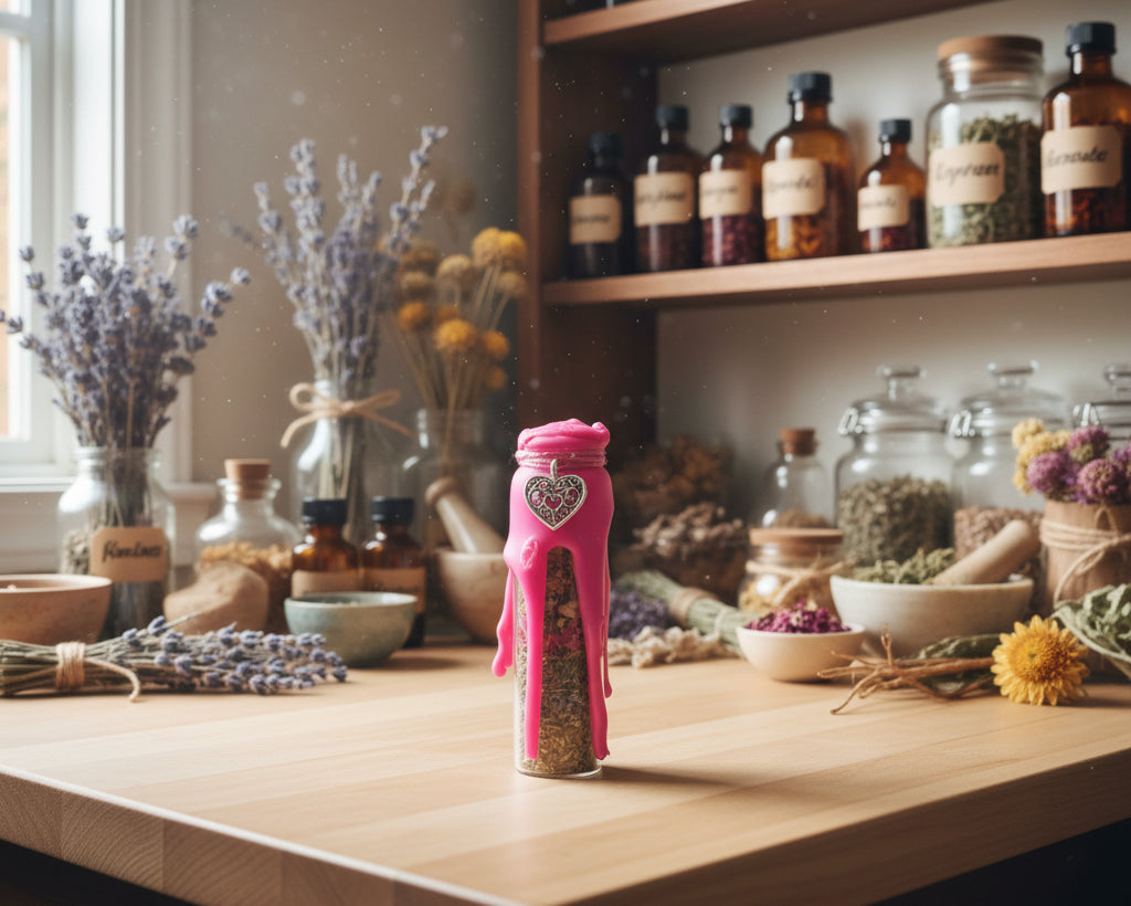 A small decorative bottle with bright pink wax-like drips and a heart-shaped  ornament standing on a wooden surface 