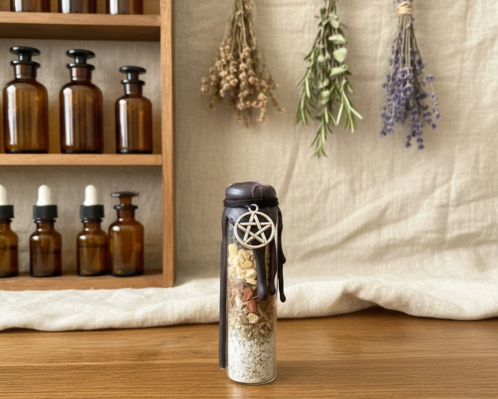 A small glass bottle with a dark wax-sealed cap and a silver pentagram charm, standing on a wooden surface 