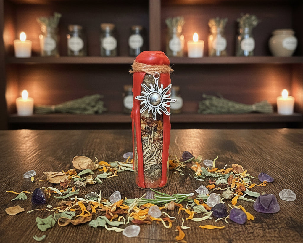 A small bottle with dried botanicals inside, featuring a silver sun charm, set on a wooden surface 