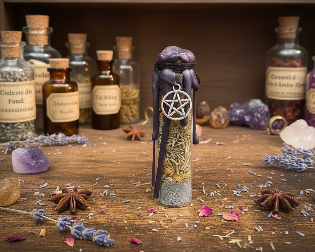 A small bottle with a silver pentagram charm, standing on a wooden tabletop 