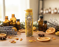 A small yellow glass jar standing on a wooden surface
