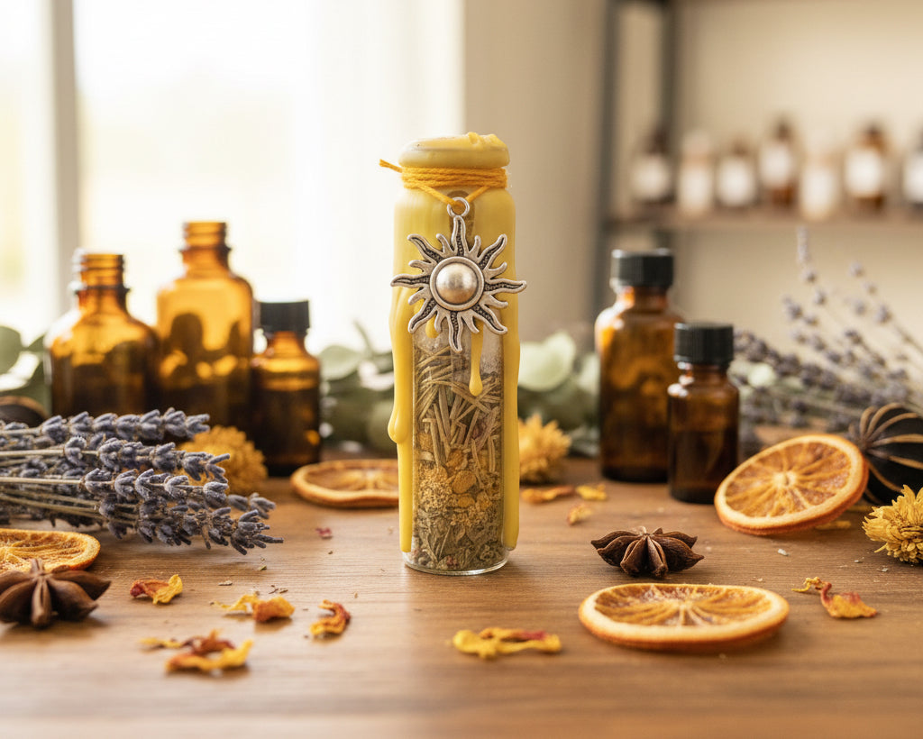 A small yellow glass jar standing on a wooden surface