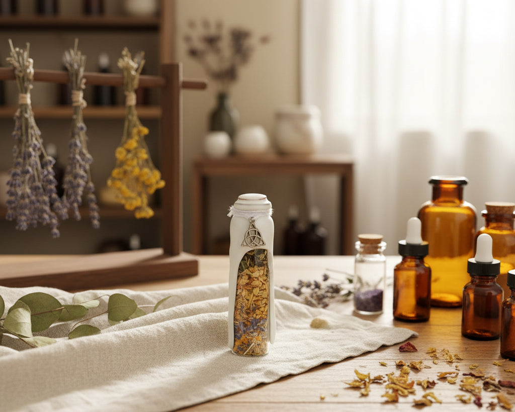 A small white bottle standing on a wooden tabletop