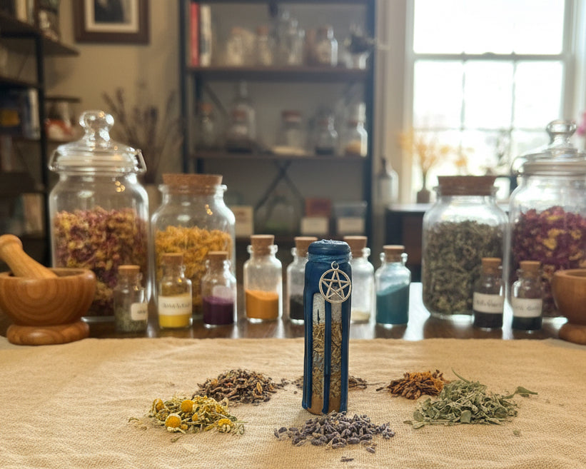 A miniature blue  bottle standing on a wooden tabletop 