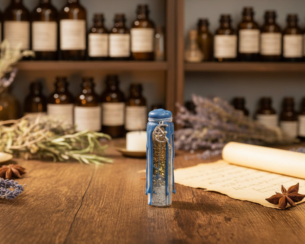 A miniature blue bottle standing on a wooden tabletop