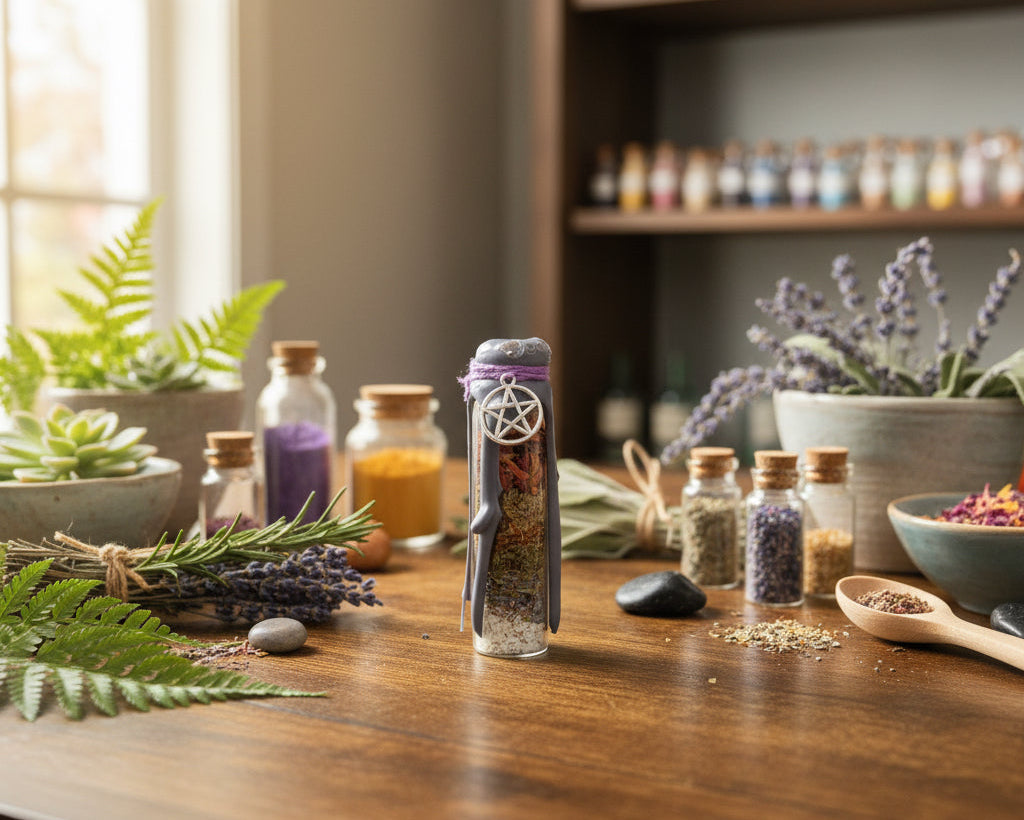 A small decorative bottle filled with dried herbs or crystals, and a silver pentagram charm, standing on a wooden table.