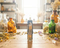 A small decorative glass vial  with a blue cap  filled with yellow and white patterned contents, standing on a wooden table 