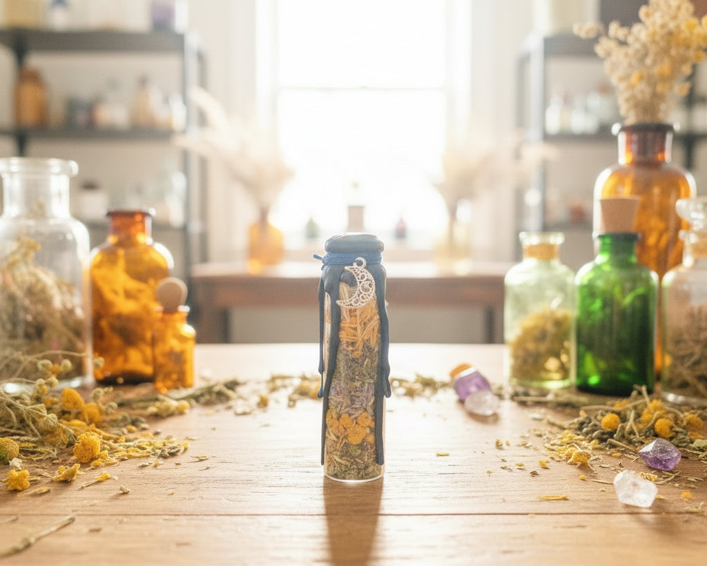 A small decorative glass vial  with a blue cap  filled with yellow and white patterned contents, standing on a wooden table 