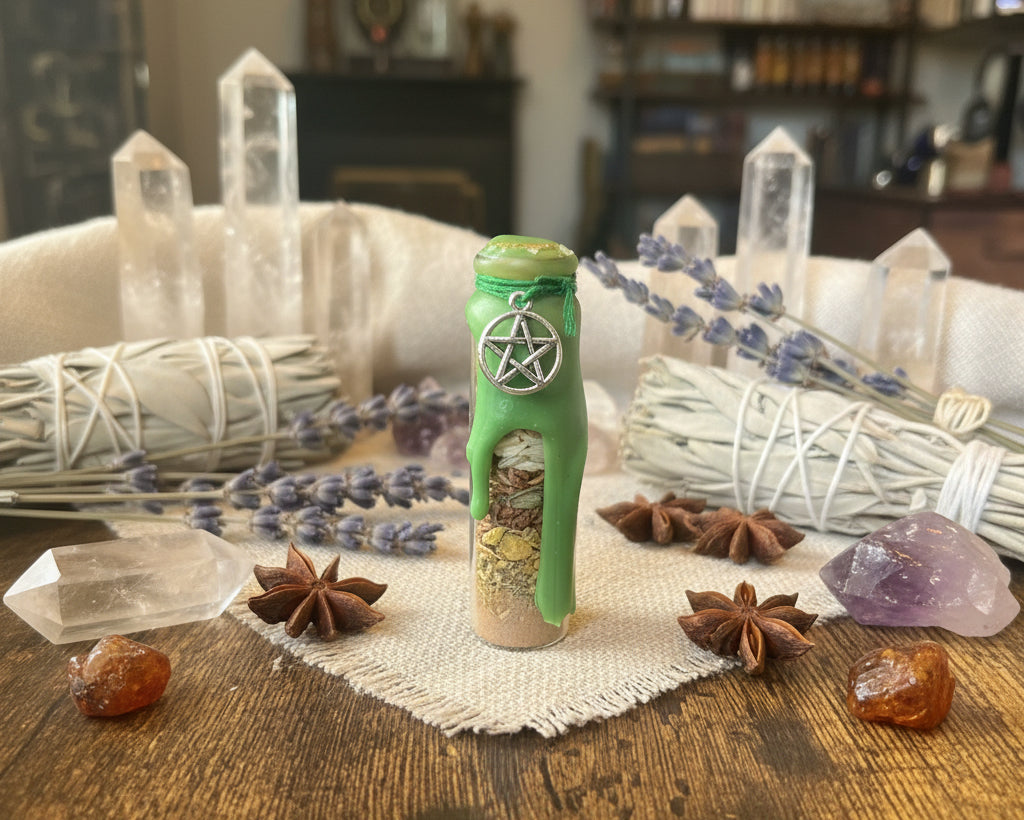 A small glass vial decorated with a bright green wax seal featuring a pentagram symbol, set on a wooden table