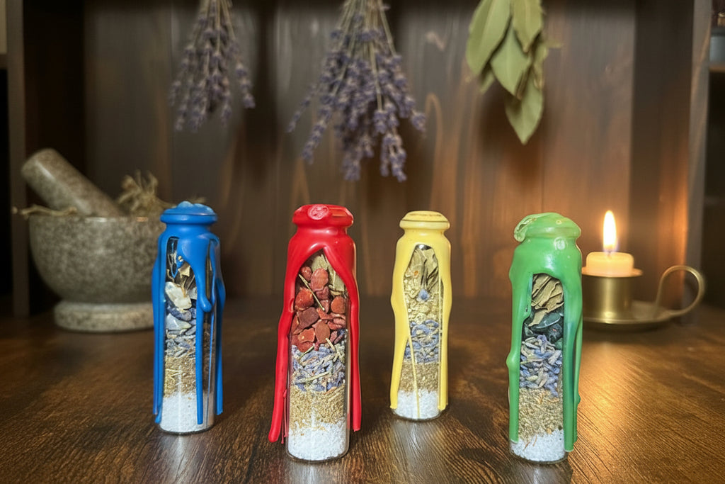 Four small decorative bottles standing on a wooden table, each with a different dripping color scheme: blue, red, yellow, and green. The bottles contain layered dried botanicals